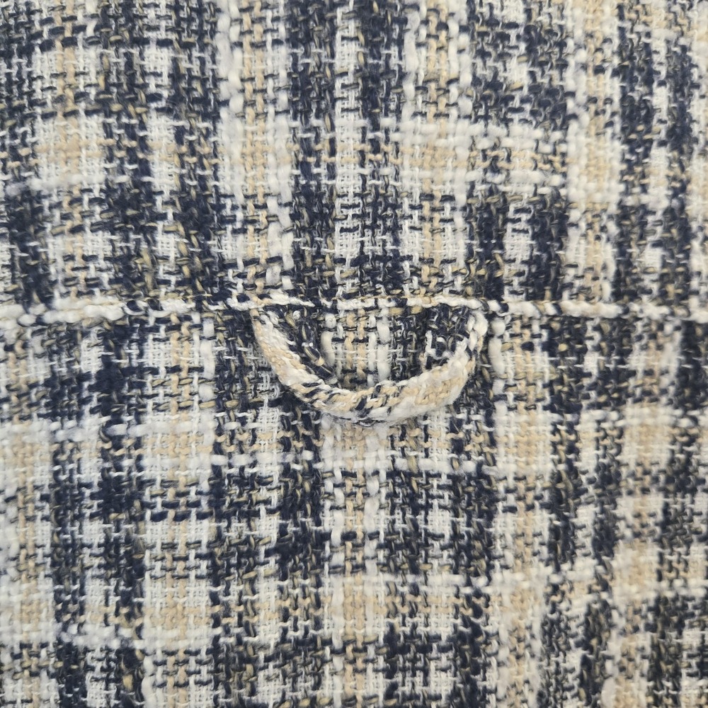 Zara Tweed Plaid Cropped Jacket Button Up Collared Navy Cream Frayed Hem Small‎ - Picture 5 of 16